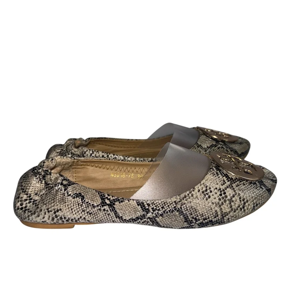 Tory Burch Minnie Travel Ballet Flats Snakeskin Embossed‎ Gold Logo 36 N3018-7S